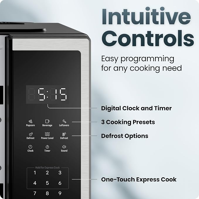 Chefman Countertop Microwave Oven 0.9 Cu. Ft., 1000 Watts with 10 Power Levels, 3 Cooking Presets with One-Touch Express Cook, 2 Defrost Settings, Child Safety Lock, & Mute Button – Stainless Steel