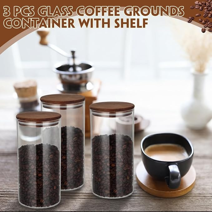 Suclain 3 Pcs 44 oz Glass Coffee Grounds Container with Shelf Glass Coffee Bean Storage Canisters with Airtight Lid and Measuring Spoon Food Storage Jars for Kitchen Sugar (Minimalist Style)