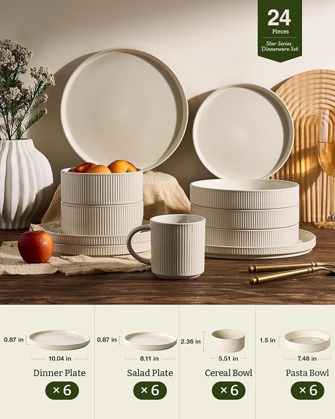 Famiware Star 24-Piece Stoneware Dinnerware Set for 6 – Shallow Pasta Bowls & Flat Plates – Modern Rustic Dishes, Everyday & Formal Use – Chip & Scratch Resistant, Microwave & Dishwasher Safe, Oat