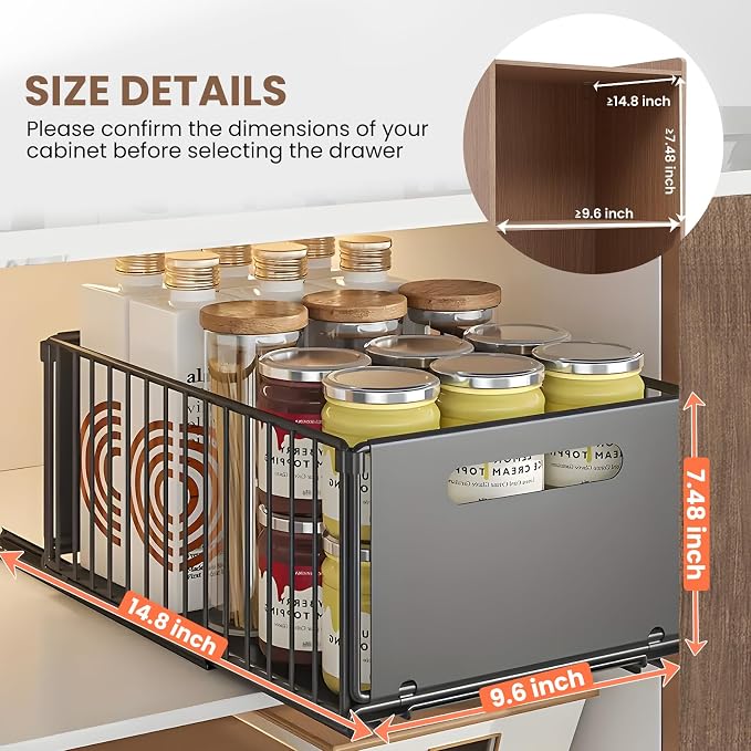 2 Pack Pull Out Cabinet Organizer, Heavy Duty Slide Out Drawer with No Drill Adhesive or Screw Mount, Carbon Steel Roll Out Shelf for Kitchen Cabinet, Pantry & Bathroom Storage
