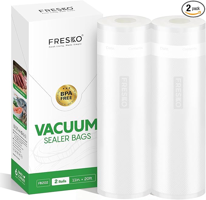 FRESKO Vacuum Sealer Bags Rolls with Write-On Labels, 11" x 20' 2 Pack Bags, BPA Free, Heavy Duty, Customized Size for Food Storage and Sous Vide