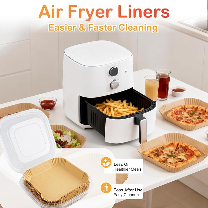 400 Pcs Air Fryer Liners Disposable, 8” Square Unbleached Heavy Duty Air Fryer Paper Liners, Parchment Paper for 5-8 qt Airfryer Basket, Non-Stick & Non-Leak Airfryer Liners for Deep Fryer Accessories