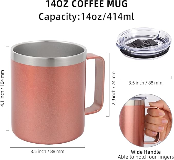 Volhoply 14oz Insulated Stainless Steel Coffee Mug with Leakproof Lid,Double Wall Vacuum Travel Coffee Cup with Handle,Reusable Metal Cups Tumbler, Camping Mugs Keep Hot,Ideal Gifts(Rose Gold,1)