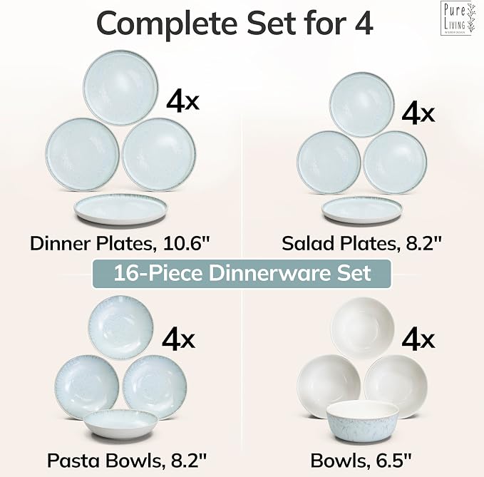 Stoneware dinnerware set 4 persons 16 pcs – Modern style plates and bowls set ceramic – Dishwasher, microwave and scratch resistant – Bowl and plate set – Dinner service Pure Living beige & light blue