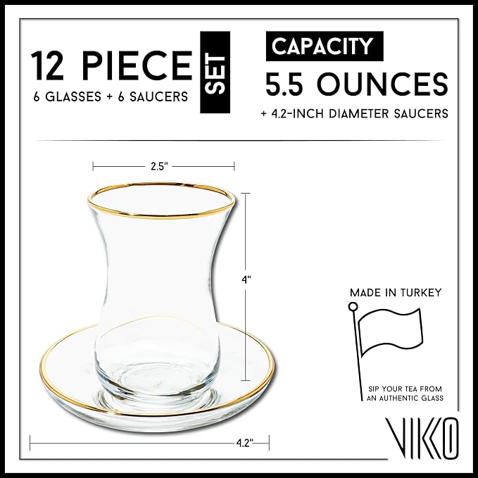 Vikko Turkish Tea Glasses & Saucers, Set, 6 Cups and 6 Plates, 5.5 Oz Tea Cups, Turkish Glass Tea Set For Six, Clear Glass Tea Cups And Saucers, Gold Accented