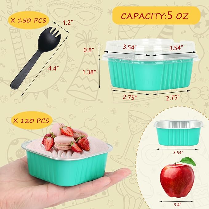 120pack 5oz Mini Cake Pans with Lids,LNYZQUS Aluminum Foil Cupcake Baking Cups Muffin Tin,Disposable Ramekins Small Cake Mini Brownie Baking Pan Cheesecake Containers -Cyan Blue