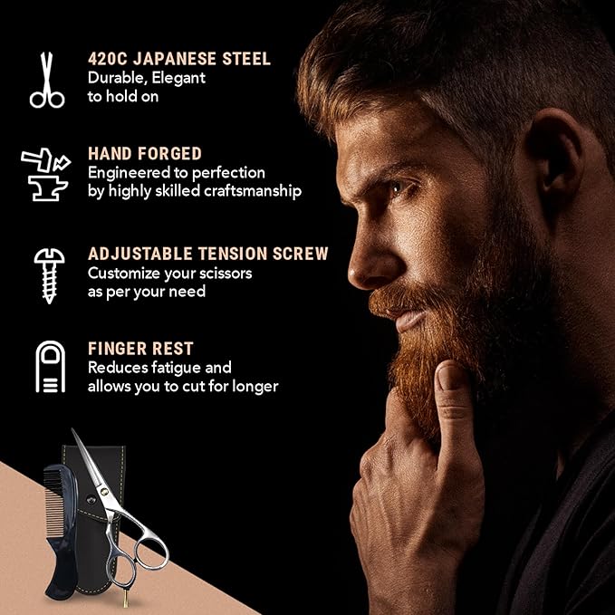 Ontaki Japanese Mustache & Beard Scissors - 5.5" 420C Steel Left Hand - Ergonomic Bent-Handle Hair Shears for Precision - Pro-Grade Blades for Barber Scissors - Beard Trimming Kit with Comb & Pouch
