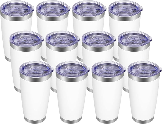 VEGOND 20oz Tumbler with Lid and Straw Stainless Steel Tumbler Cup Bulk Vacuum Insulated Double Wall Travel Coffee Mug Powder Coated Coffee Cup, White, 12 Pack
