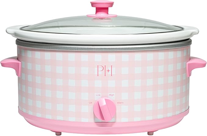 Paris Hilton 6-Quart Manual Slow Cooker, Features Three Settings (Low, High, Warm), Naturally Nonstick and Dishwasher Safe Stoneware Insert, Family Sized Capacity, Gingham Pink