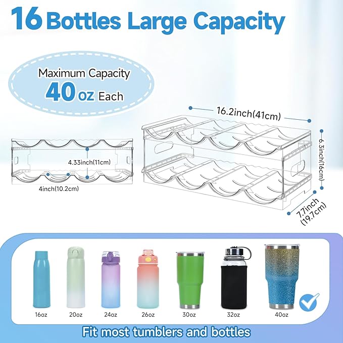 Amaoot Large Compartment Water Bottle Organizer,2 Tier Stackable Water Bottle Rack for Cabinet,Tumbler Storage Organizer for Kitchen,Fridge,Cabinet Organization and Storage