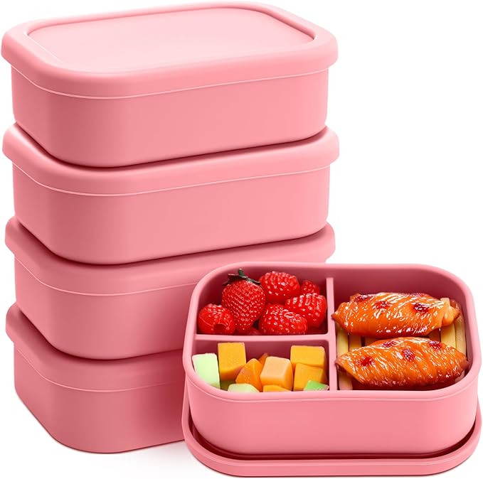Honeydak 4 Pcs Silicone Bento Box for Adults, 3 Compartment Lunchable Food Container for Women Men, Leak Proof Microwave Dishwasher Freezer Safe (Red)
