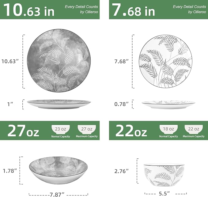 Porcelain Lightweight Dinnerware Sets for 4, 16 Pieces Grey Floral Ceramic Plates and Bowls Set, Branch Dishes Set with Pasta Bowls, Microwave and Dishwasher Safe