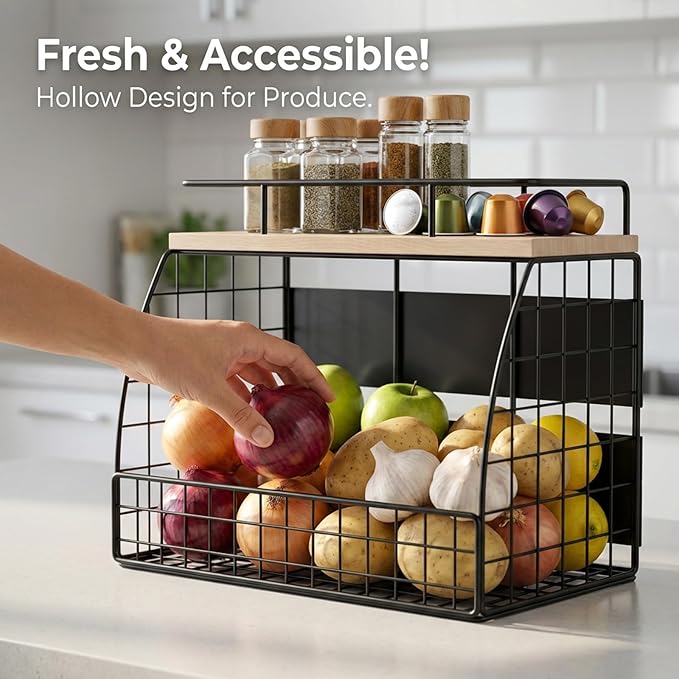 REFGY Magnetic Shelf for Fridge - 35LBS Max Load Magnetic Basket for Refrigerator Side, Large Magnetic Spice Rack with Removable Hooks & Top Natural Texture Board.