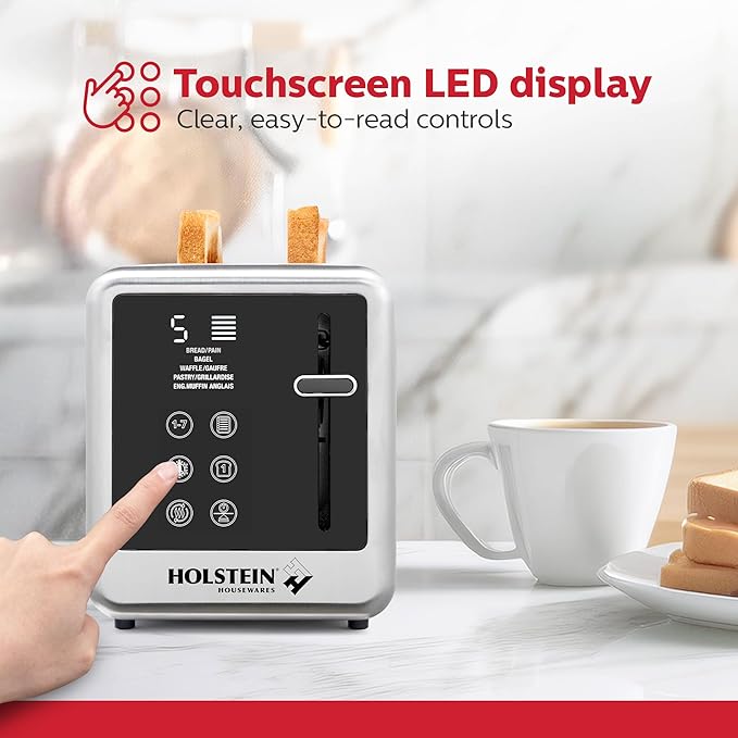 Holstein Housewares 2-Slice Digital Toaster – Extra-Wide Slots, LED Display, Countdown Timer, Reheat, Defrost, Cancel & High-Lift Release – Compact Toaster with Removable Crumb Tray, Silver & Black