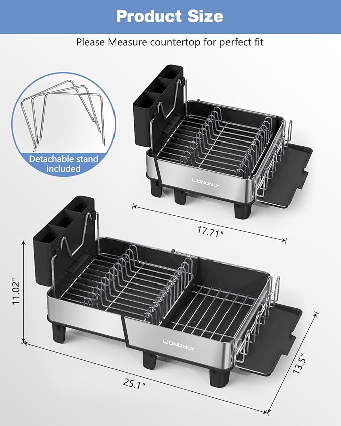 Dish Drying Rack, 304 Stainless Steel Exendable Dish Rack with Adjustable Drain Spout, Large Capacity Dish Drainer with Utensil Holder, Cup Holder and Cutting Board Rack for Kitchen Counter, Black
