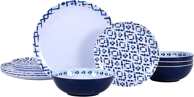 12pcs Melamine Dinnerware Set - Unbreakable Plates and Bowls Set- Blue Grid Stripes Design Dinner Dish Set - Modern Dinnerware Set for 4 - Break-Resistant Dishwasher Safe for Indoor/Outdoor Use