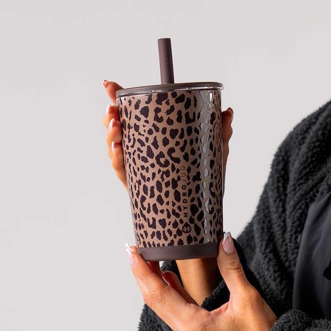HydroJug Everyday Tumbler 14 oz, Ceramic-Lined Straw Cup, Brown Leopard