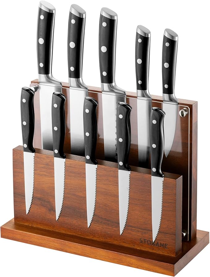 Magnetic Knife Block Extra Large Four-Side Kitchen Knife Holder With Strong Magnetic Strips -Acacia Wood Universal Knife Storage Organizer with Acrylic Shield No Drilling Rack for Kitchen Counter