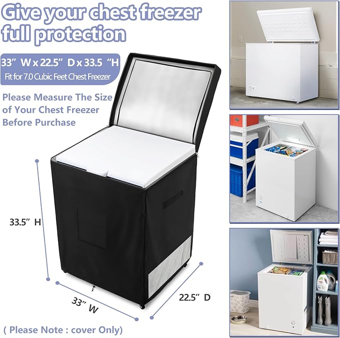 Deep Freezer Covers for Outside,Heavy Duty 600D Durable Chest Freezer Cover Waterproof,Outdoor Freezer Covers for Outside 7.0 Cubic Feet Chest Freezer,Top Can Be Opened(33"W x 22.5"D x 33.5"H,Black)