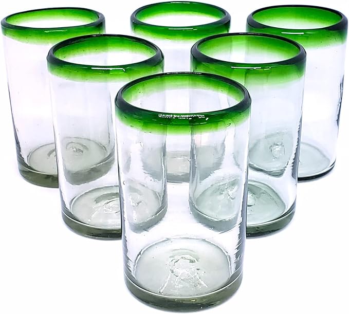 Emerald Green Rim 120 oz Pitcher and 6 Drinking Glasses set, Recycled Glass, Lead-free, Toxin-Free (Pitcher & Glasses)