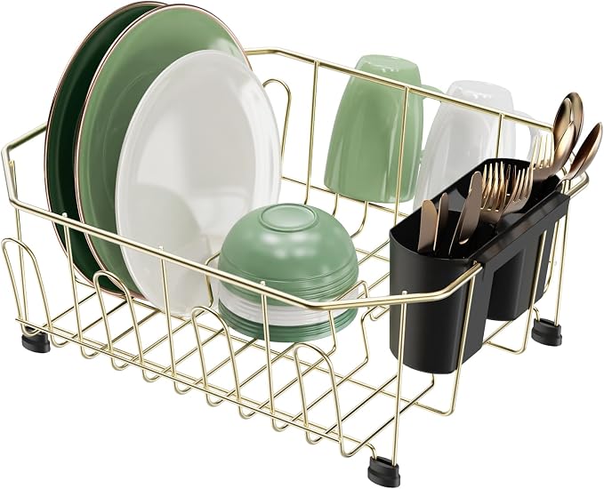 GSlife Small in Sink Dish Drying Rack - Stainless Steel Compact Dish Drainer for RV Kitchen Apartment Sink, Rust Resistant Inside Sink Rack, 1–2 Person Households, 11.6" W x 13.4" L, Champagne Gold