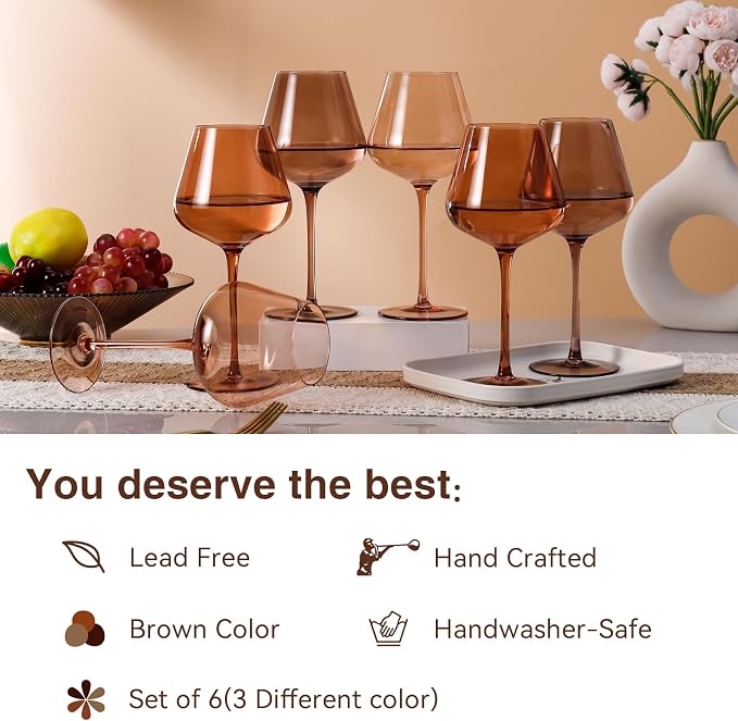 Physkoa Venus Wine Glasses Set of 6-18oz Hand Blown Amber Wine Glass with Stem, Unique Melanin Colored Wine Glasses, Mocha Mousse-Inspired Colors Glassware for Home Decor & Gifts