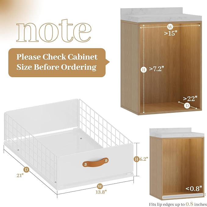 Pull Out Cabinet Organizer, No-Drill Pantry Drawers, Slide Out Shelves with Bamboo Risers for Lipped Cabinets,Ideal for Kitchen, Bathroom & Under Sink Storage (White, 13.8" Wide-21 Deep)