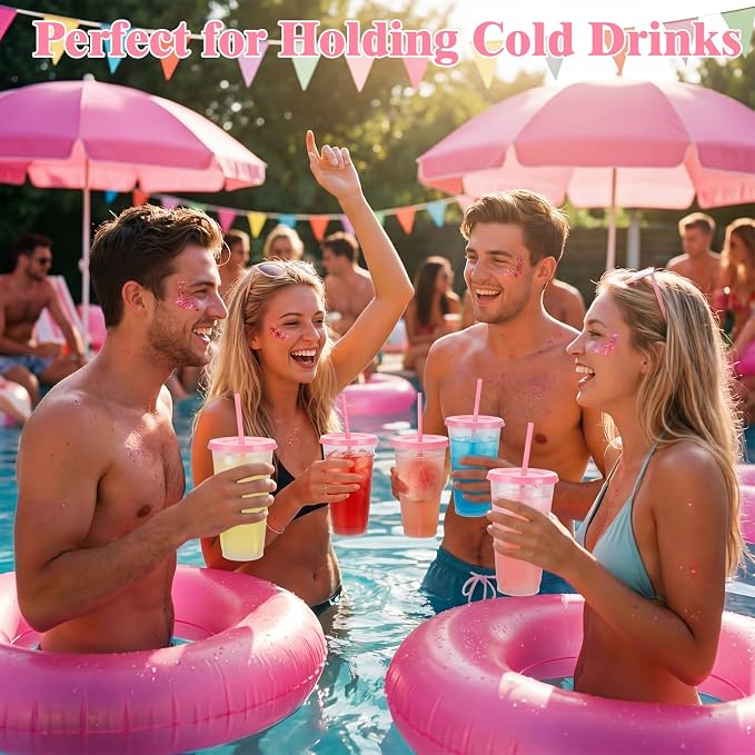 Honeydak 60 Pack Tumbler with Straw and Lid Cups for Gifts Glitter Plastic Coffee Cups 24-27 oz Water Bottle Iced Coffee Travel Mug Party Favors for Birthdays Travel (Clear and Pink)