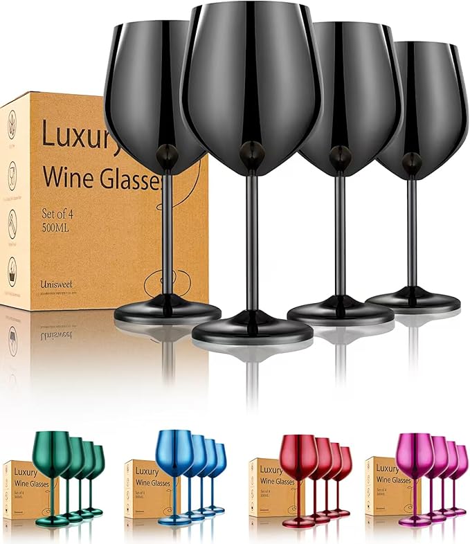 UNISWEET Stainless Steel Wine Glasses Set of 4 Unbreakable Wine Glass 18 oz Unique Metal Wine Goblets for Outdoor, Travel, Camping, Pool, Ideal Gift for Wine Lovers (Mirror-Black)