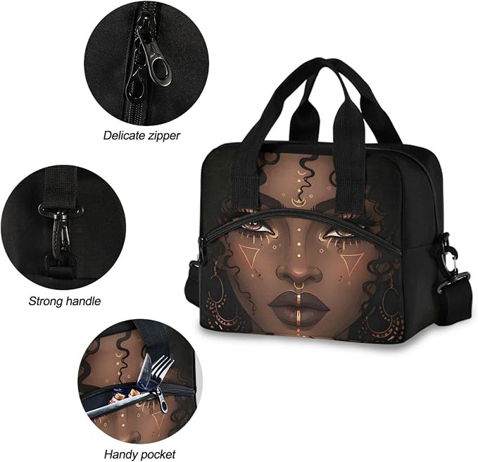 Beautiful Women Lunch Bag for Girls Women,African American Woman Lunch Box Container with Detachable Shoulder Strap,Insulated Lunch Coolers for School Office