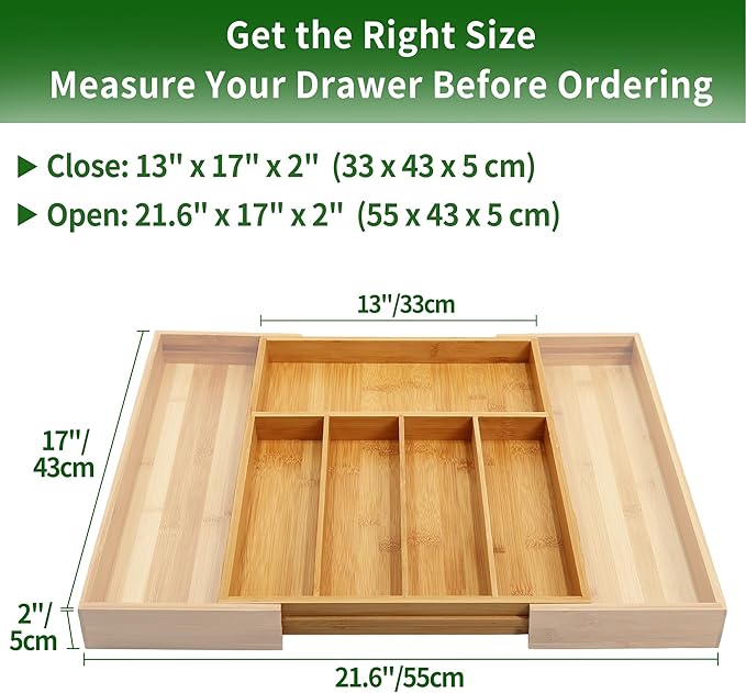 VaeFae Bamboo Silverware Drawer Organizer with Knife Block and Silverware Organizer Bundle