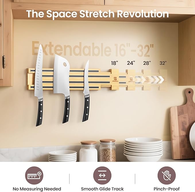 Extendable 32Inch Magnetic Knife Holder for Wall with Screw & Adhesive Mounting, Wood Magnetic Knife Strip from 16 to 32 Inch for Knife Bar, Knife Holder, Kitchen Utensil Organizer or Tool Room