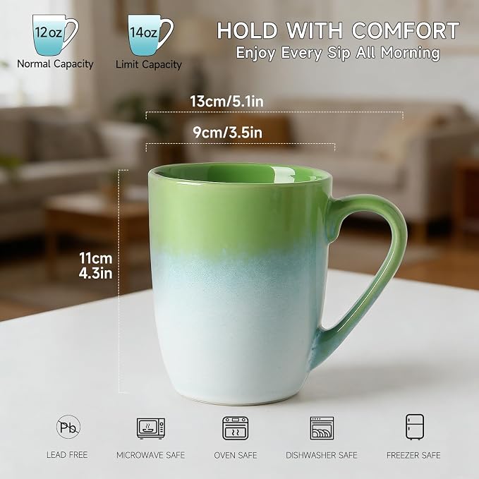 MONITO 14 OZ Coffee Mugs Set of 4, Large Ceramic Blue Coffee Mugs Set with handle for Tea/Latte/Milk/Cocoa, Funny Tea Cups for Office and Home, Engagement Gifts. (White-green)