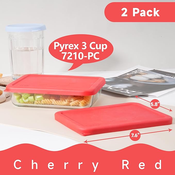 3 Cup Rectangle Silicone Storage Cover Lids Replacement for Pyrex 7210-PC Glass Bowls, (Container not Included) 2 Pack, Microwave, Dishwasher and Freezer Safe (Cherry Red)