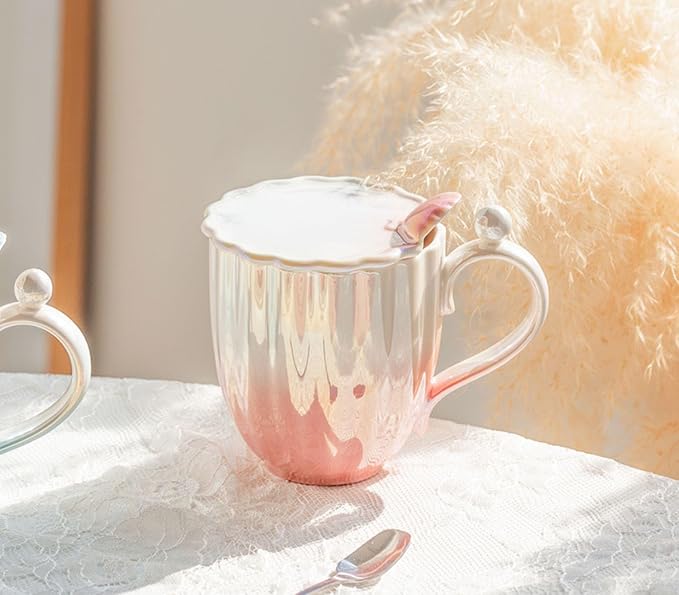 Pearl Ceramic Coffee Mug for Tea Latte Milk Cute Love Shape Cup for Home Office Women Gift 6.5 oz (Shell Blue, 420 ml)