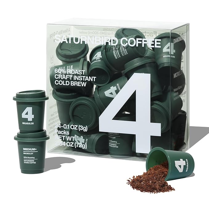 Saturnbird Super Instant Coffee Pods, Specialty Cold Brew Freeze-dried Coffee, No.4 Medium-Dark Roast, 100% Arabica, Brew with Hot/Cold Water or Milk, 24 Single-Serve Packets