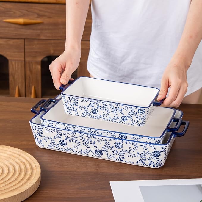 Ceramic Bakeware Set - Casserole Dish Baking Dishes for Oven - Rectangular Lasagna Pans with Handles for Kitchen Cooking - Microwave & Dishwasher Safe - Set of 3 (15.1''/13.6''/9.9'') - Blue