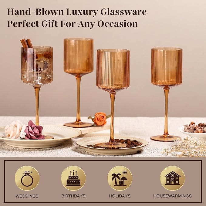 Amber Colored Square Wine Glasses Set of 6, Elegant Ribbed Design Amber Crystal Glassware with Long Stem, 11.5oz Hand Blown Red & White Wine Stemware For Home Dinner Party Wedding Housewarming Gift