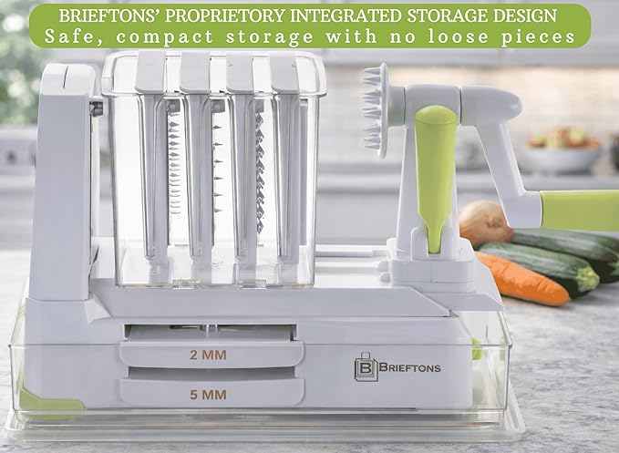 Brieftons 7-Blade Vegetable Spiralizer: Zucchini Spiral Slicer & Veggie Noodle Maker, Japanese Steel Blades, Catch Container, Strong Suction Cup, Blade Caddy, 4 eBooks | Low Carb, Vegan, Gluten-Free