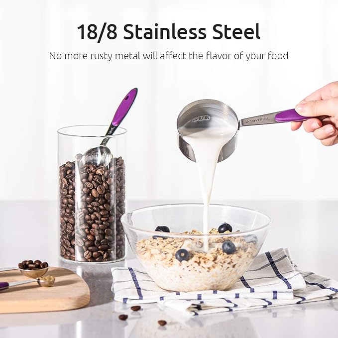 U-Taste 10 Piece Measuring Cups and Spoons Set in 18/8 Stainless Steel, and 18/8 Stainless Steel 5.5 inch 30 Mesh Strainer (Purple)