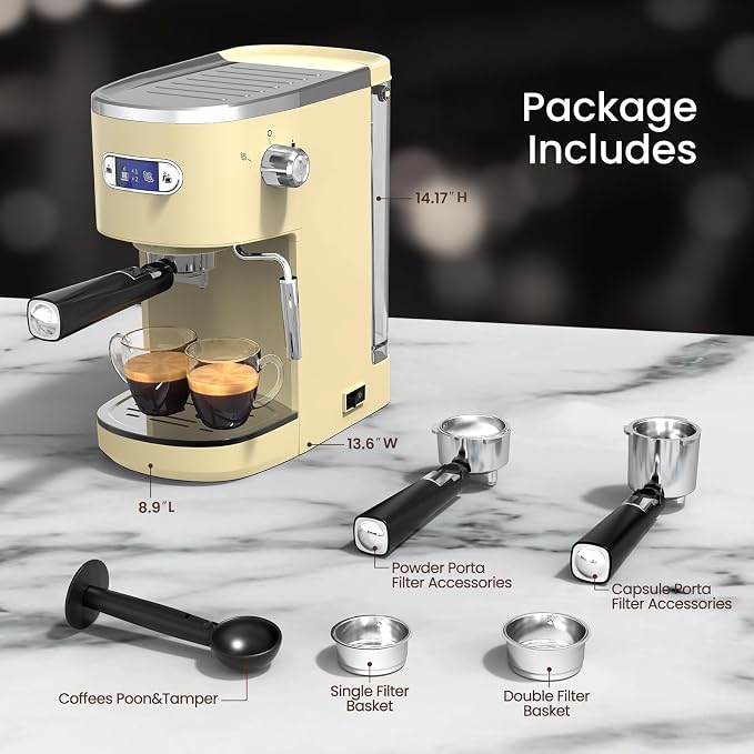 Electactic 20 Bar Espresso Machine, Professional Stainless Steel Coffee Maker with LCD Display, 45oz Removable Water Tank, Home & Office Espresso Maker for Cappuccino Latte Macchiato, White