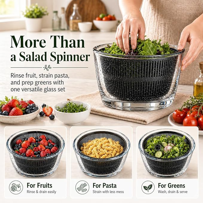 Large 5.2 Qt Glass Salad Spinner Vegetable Dryer with Drain Microwave Safe Dishwasher Safe with Transparent Lid Crank Handle Quick Spin Greens Washer for Lettuce Herbs Fruits (black)