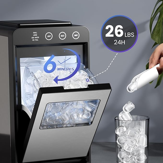 Electactic Ice Makers Countertop,26Lbs/24H,8Pcs in 6Mins,Portable Ice Maker Machine with Self-Cleaning,Interior Lighting,2 Sizes of Bullet Ice for Home/Office/Party(Stainless Steel)