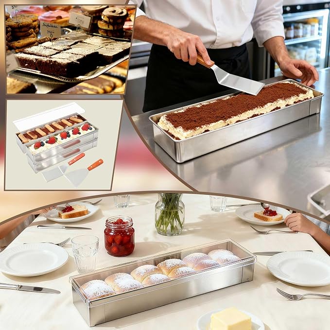 Blushtier 3 Pcs Nonstick Rectangle Tiramisu Cake Pan with Acrylic Lid and 2 Metal Spatula Removable Frame 304 Stainless Steel Cake Baking Molds for Tiramisu Cheesecake Mousse (15.75x3.94x2.56 Inch)