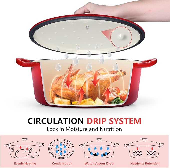P&P CHEF Oval Dutch Oven with Lid, Enameled Cast Dutch Oven Pot for Bread Baking, Braising, Stewing, Roasting, Non-Stick & Oven Safe, Dual Handles & Easy Clean, 7QT & Red, Valentine's Day
