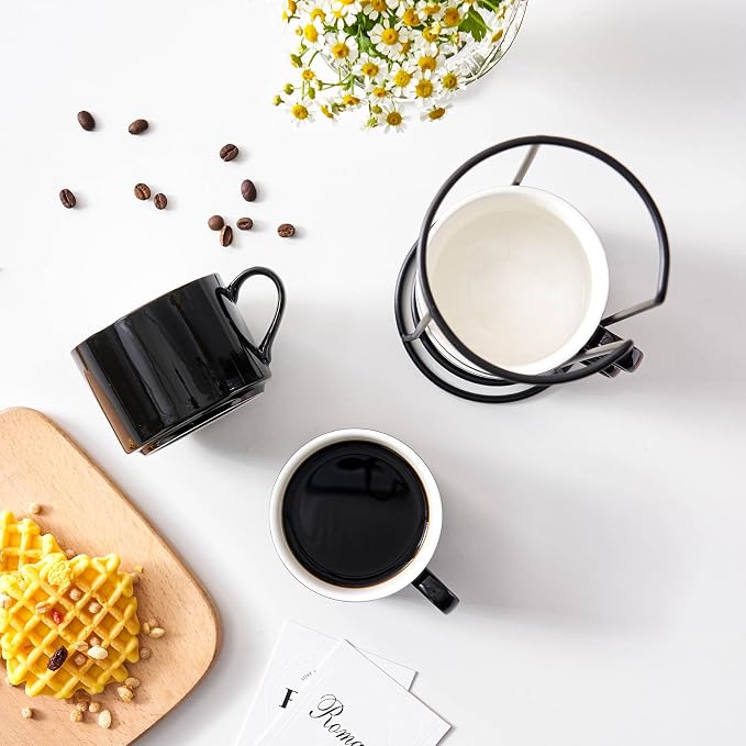 10oz Porcelain Stackable Coffee Mugs and Metal Stand Set of 4, Espresso Cups Set for Hot Drinks, Cappuccino, Tea-Black