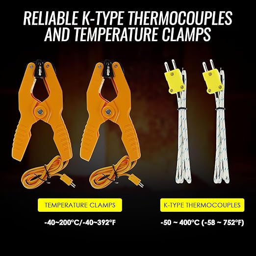 K Type Thermocouple Thermometer (-50~1300°C), Dual Channels Digital Thermometer with 2 Temperature Clamp 2 Wired Thermocouple Probes, High Accuracy Temperature Kelvin Scale Meter Tester