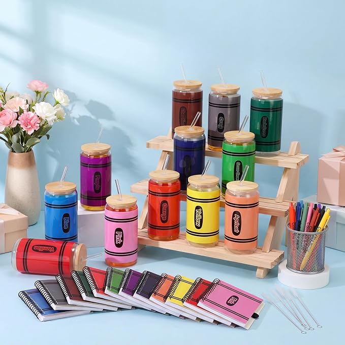 Skylety 12 Set Back to School Teachers Appreciation Gifts Bulk 16 oz Crayon Cups with Lid and Straw Spiral Notebooks Sticky Note Pens for Back to School Party Classroom Supplies