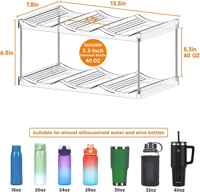 Stackable Water Bottle Organizer for Cabinet,2 Tier Water Bottle Holder for Stanley Yeti 40 oz Bottle Shelf,Clear Tumbler Storage Organizer,Wine Rack,Cup Organizer for Kitchen Cabinets Counter Pantry