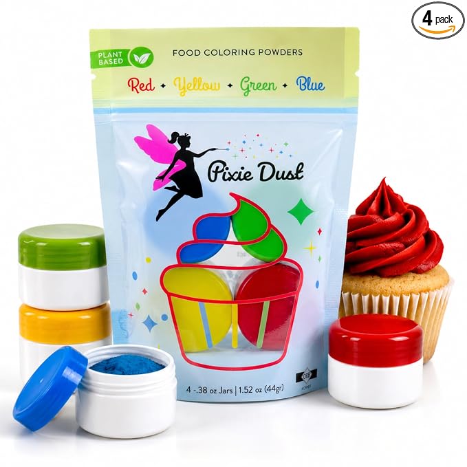 Pixie Dust Natural Food Coloring Powder Set of 4, Red, Yellow, Blue, Green, Dye Free Plant Based Cake Decorating Colors for Icing, Frosting & Drinks, Flavorless, Kosher, Vegan, Non Toxic, .38 oz Each Color 1.5 oz - 44gr